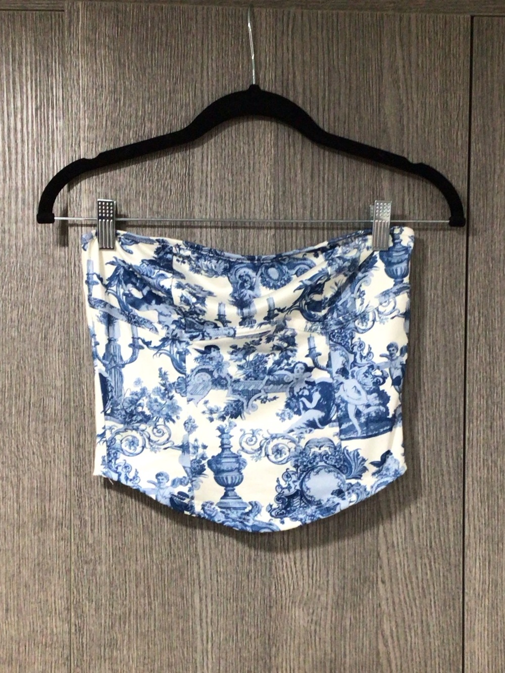Blue and White Toile Strapless Crop Top